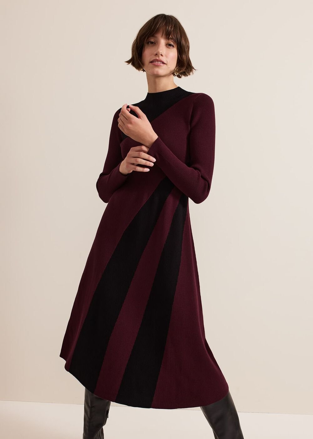 Julie Ribbed Fit And Flare Midi Dress - Burgundy
