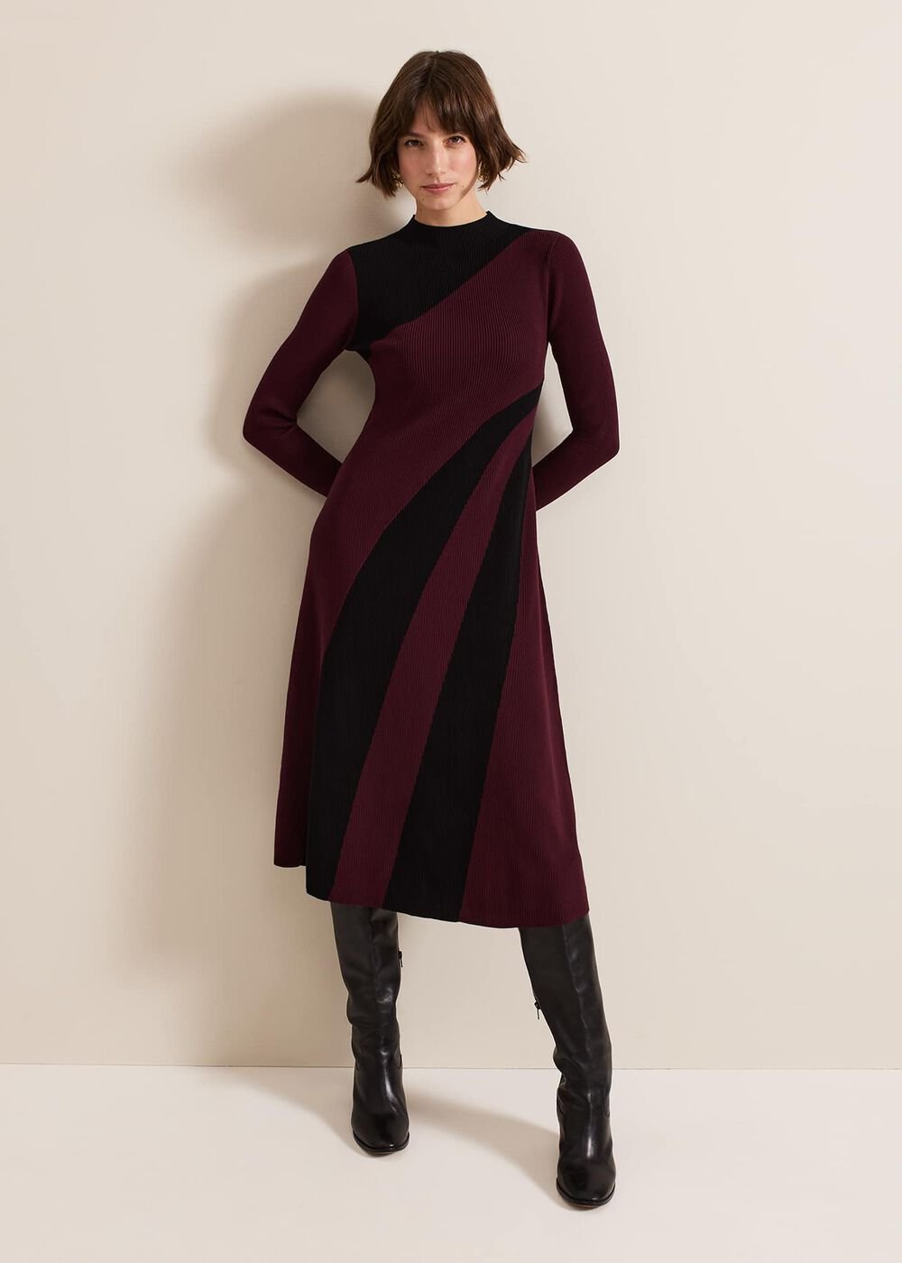 Julie Ribbed Fit And Flare Midi Dress - Burgundy