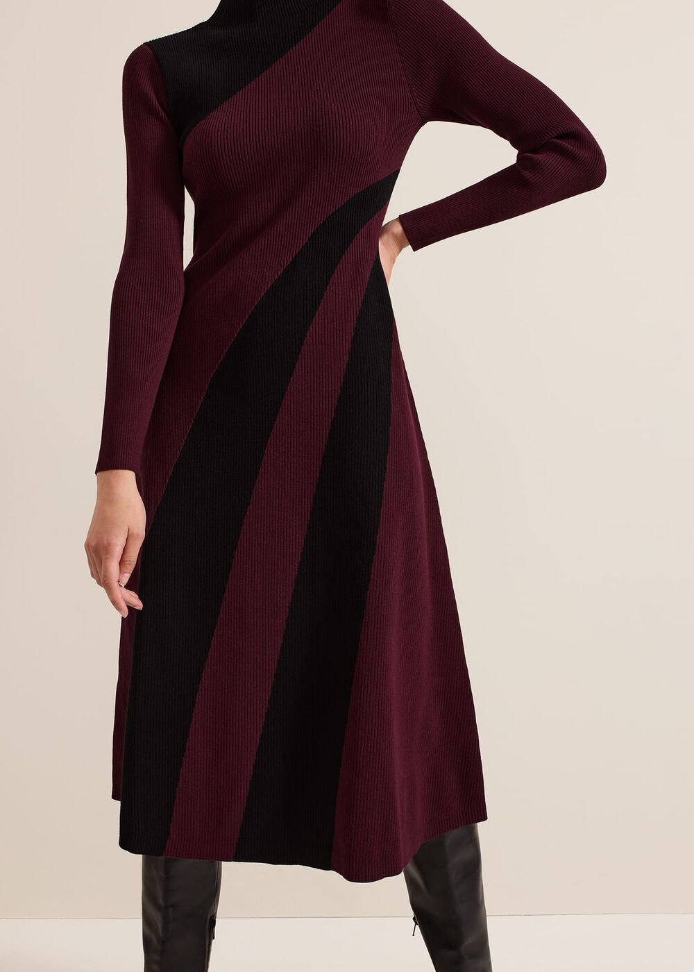 Julie Ribbed Fit And Flare Midi Dress - Burgundy