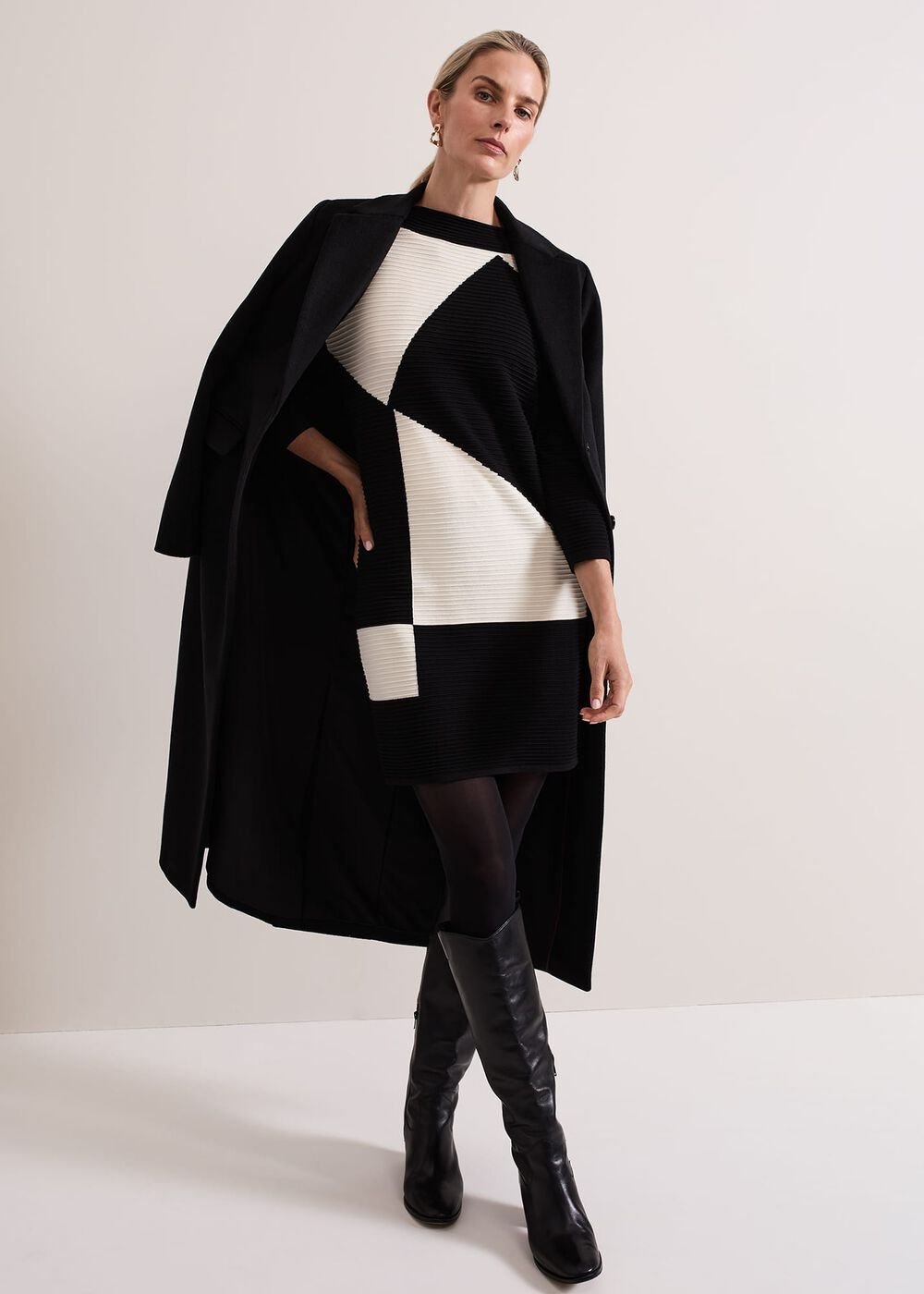 Hetty Ripple Colour Block Tunic - Black/Ivory