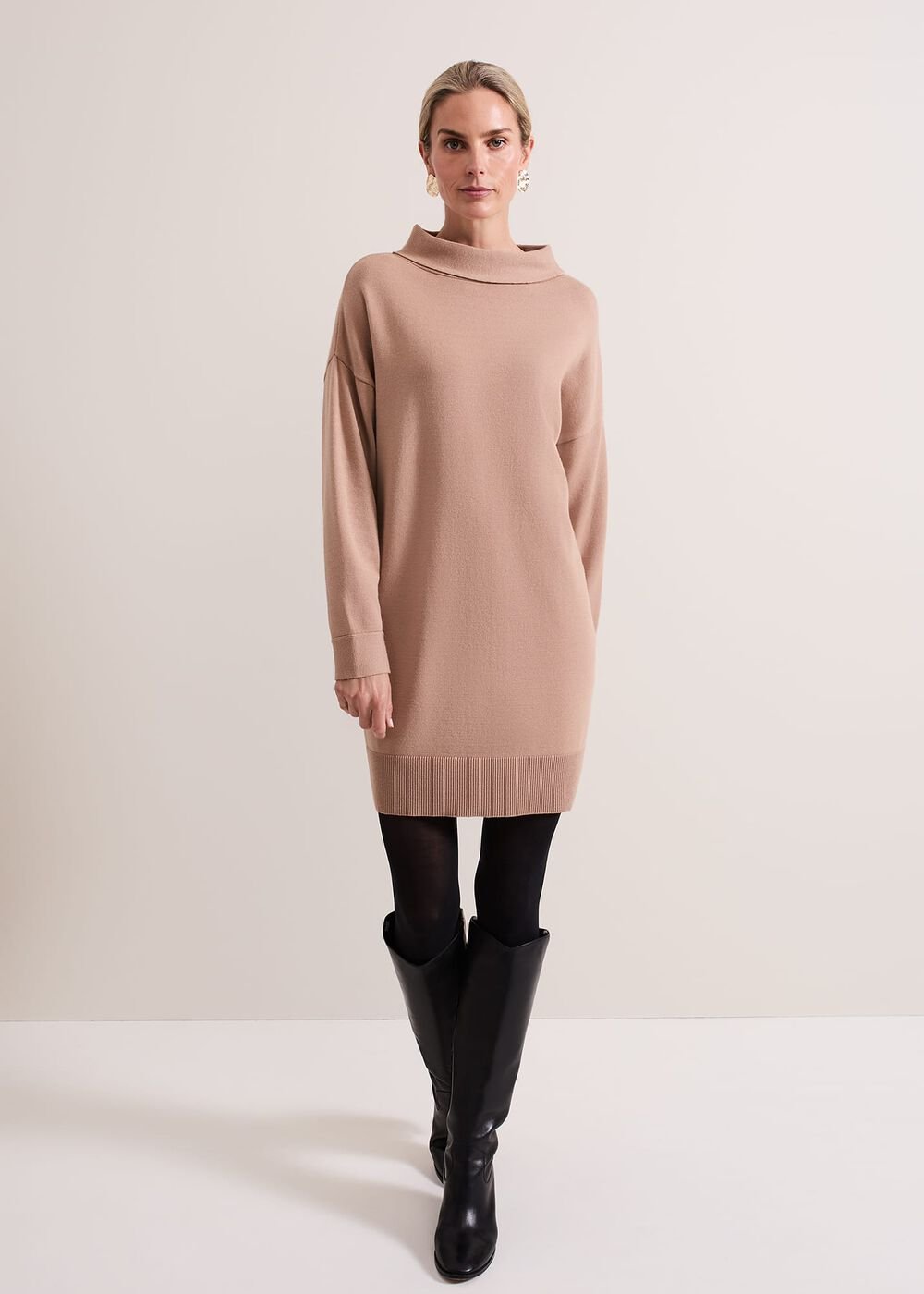 Skylar Funnel Neck Jumper Dress - Camel