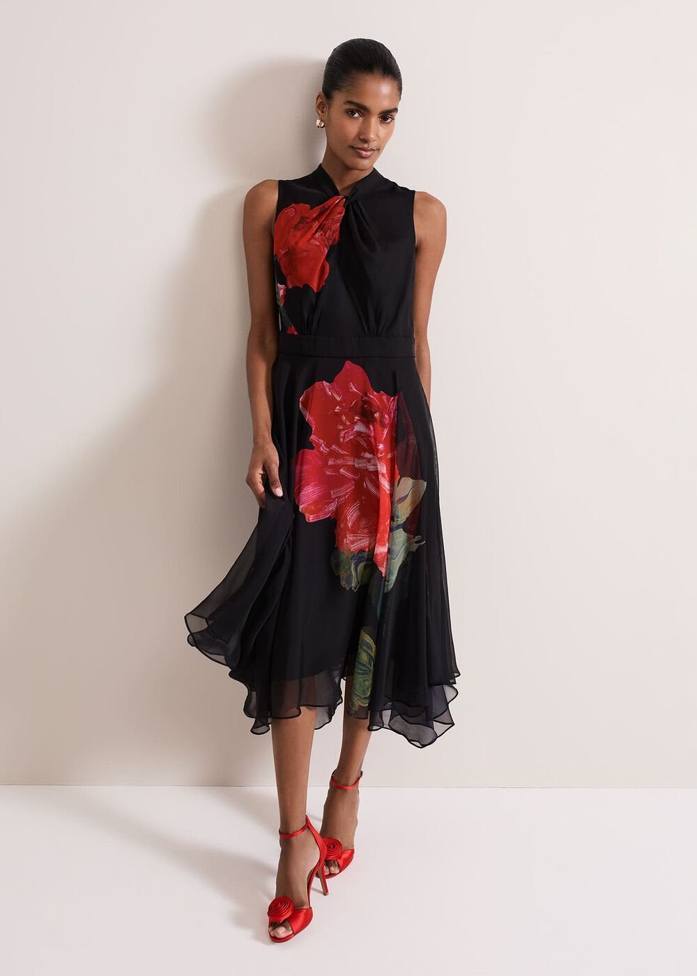 Lucia Chiffon Floral Midi Dress - Black/Multi