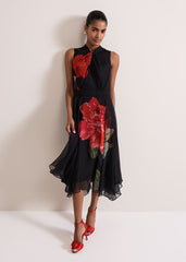 Lucia Chiffon Floral Midi Dress - Black/Multi