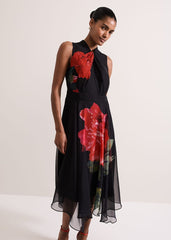 Lucia Chiffon Floral Midi Dress - Black/Multi
