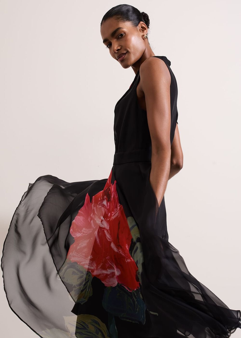 Lucia Chiffon Floral Midi Dress - Black/Multi