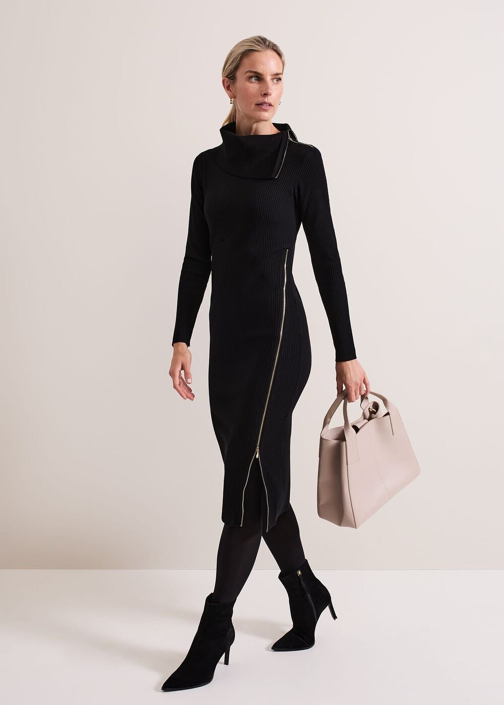 Hartley Zip Ribbed Column Dress - Black