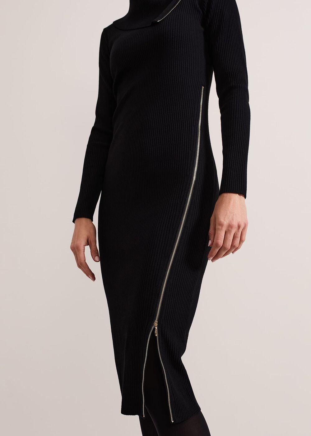Hartley Zip Ribbed Column Dress - Black