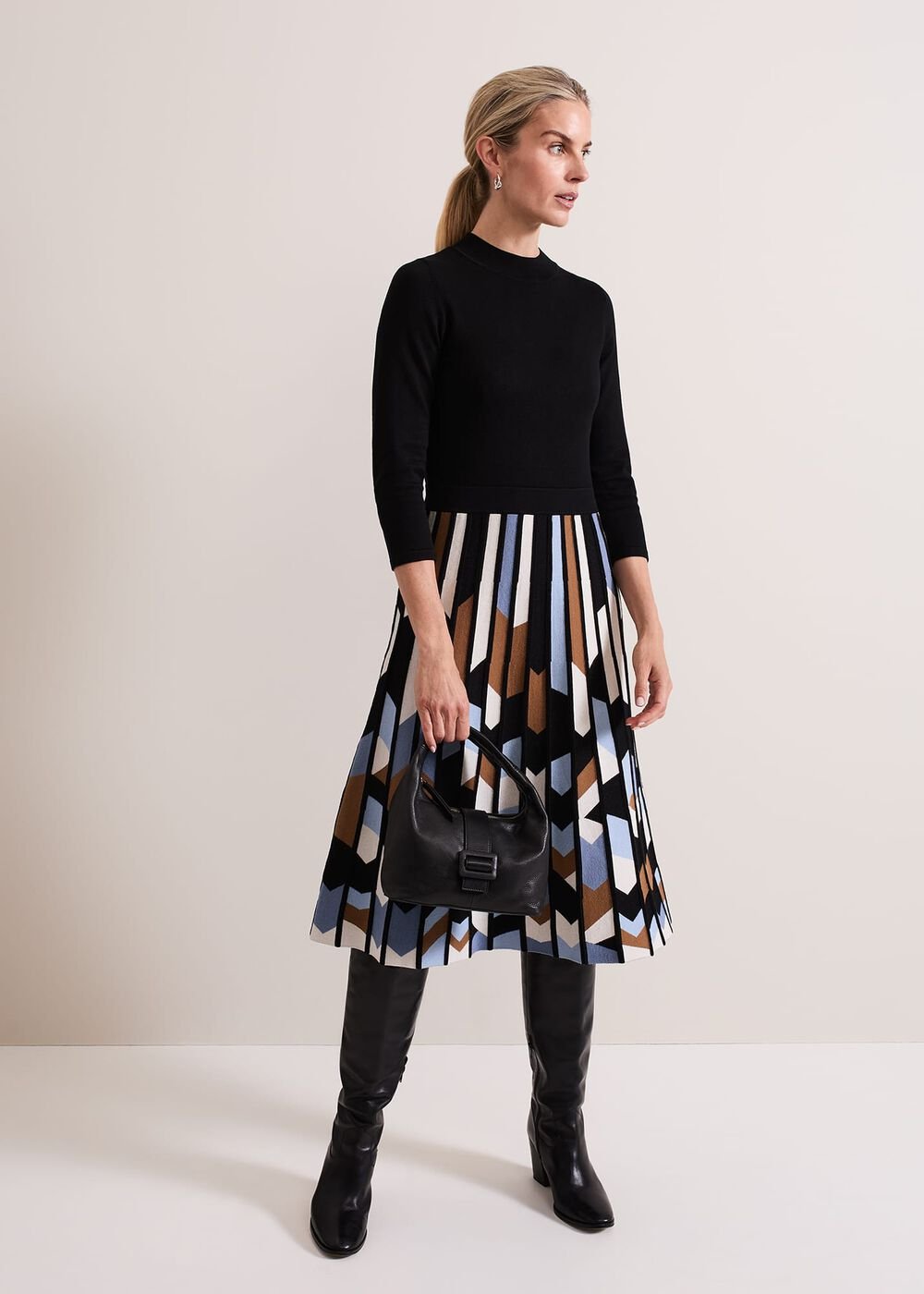 Maci Pleated Sunray Midi Dress - Black Multi