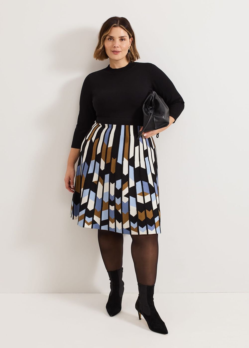 Maci Pleated Sunray Midi Dress - Black Multi