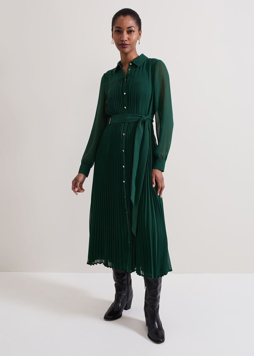 Gabriela Green Pleated Shirt Dress - Green