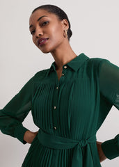Gabriela Green Pleated Shirt Dress - Green