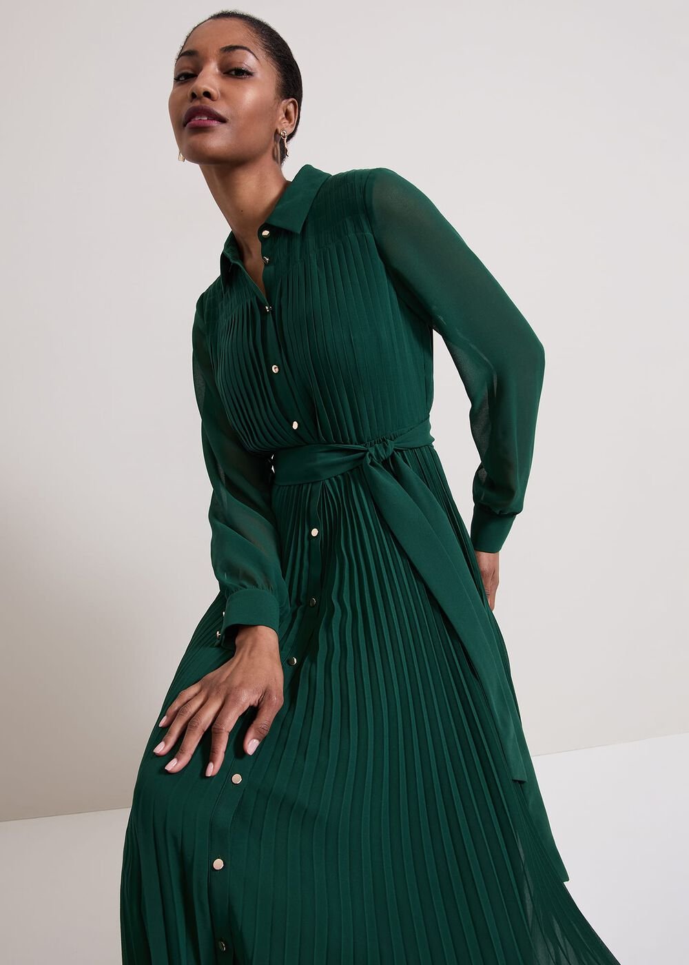 Gabriela Green Pleated Shirt Dress - Green