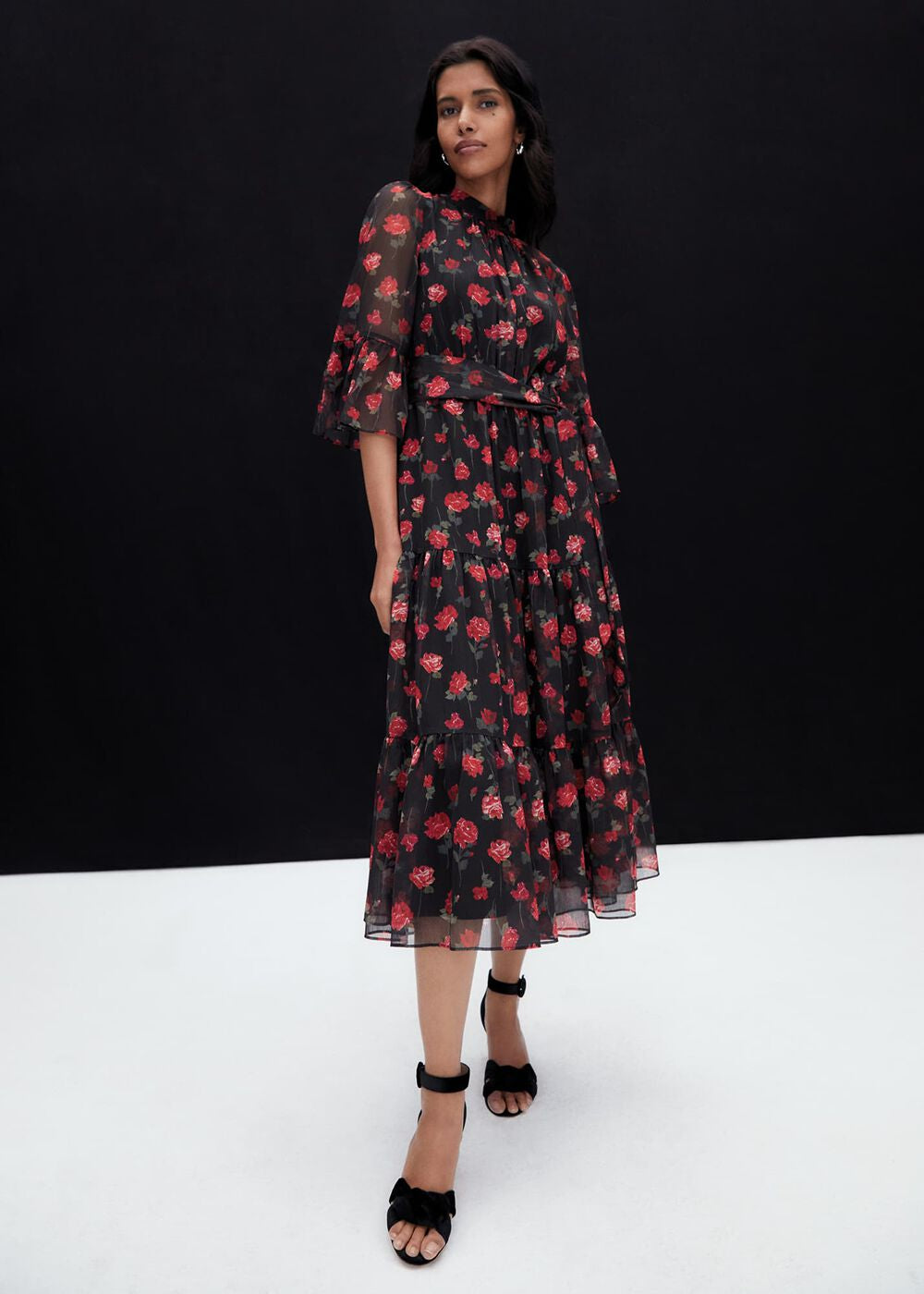 Lela Floral Textured Midi Dress - Black/Multi