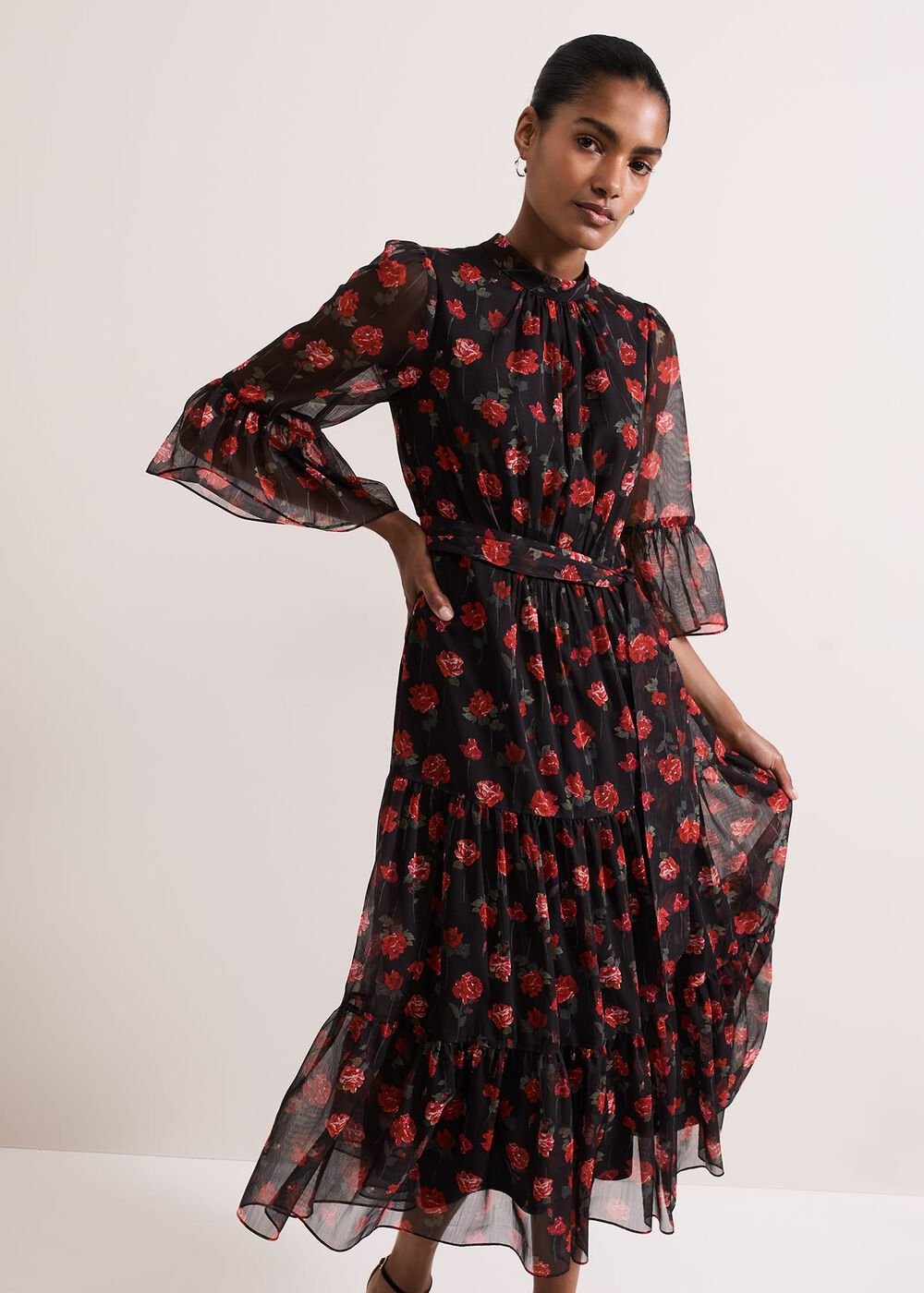 Lela Floral Textured Midi Dress - Black/Multi