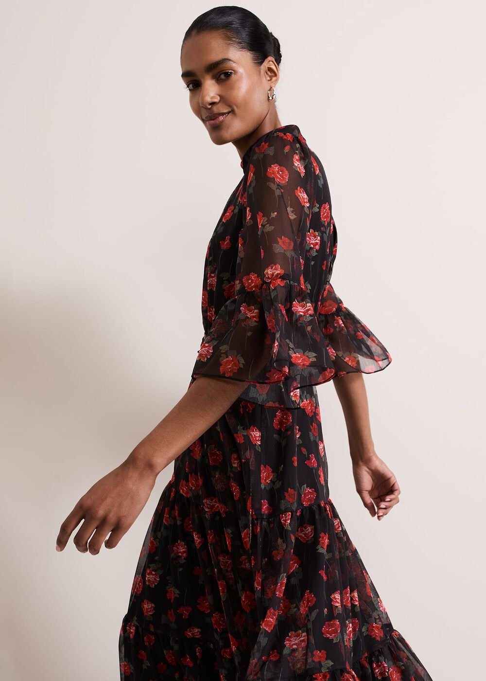 Lela Floral Textured Midi Dress - Black/Multi