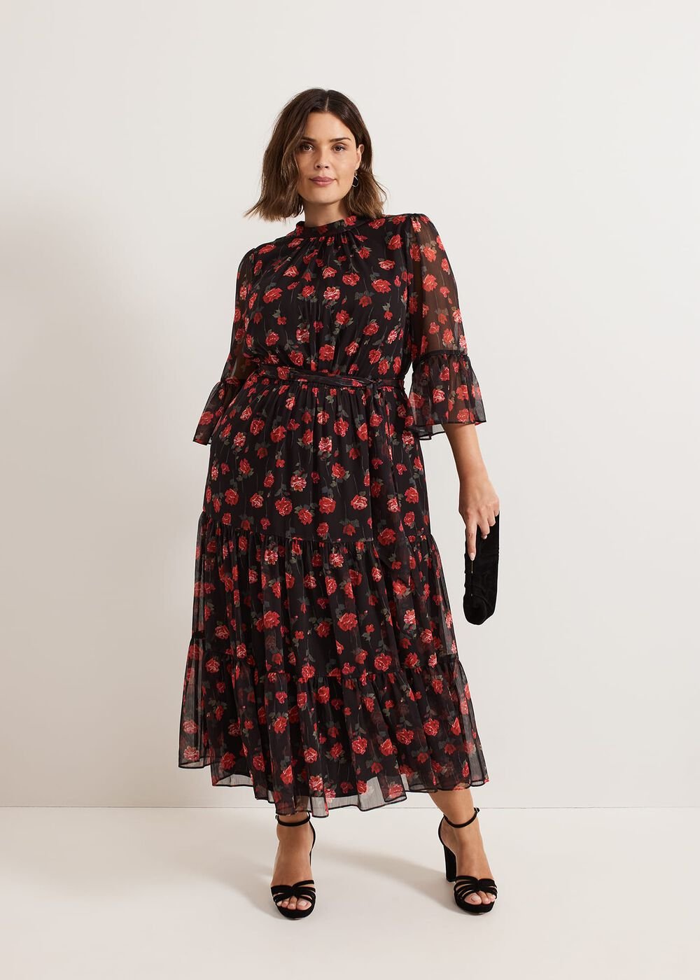 Lela Floral Textured Midi Dress - Black/Multi