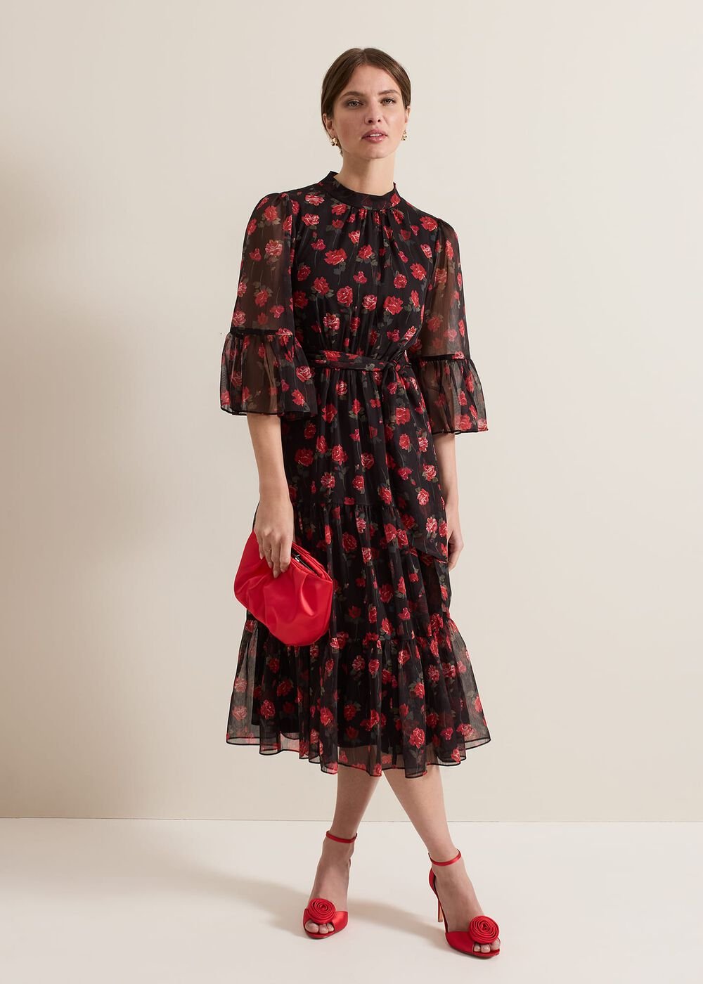 Petite Lela Floral Textured Midi Dress - Black/Multi