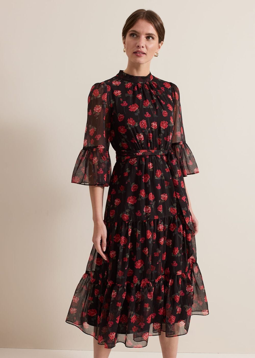 Petite Lela Floral Textured Midi Dress - Black/Multi
