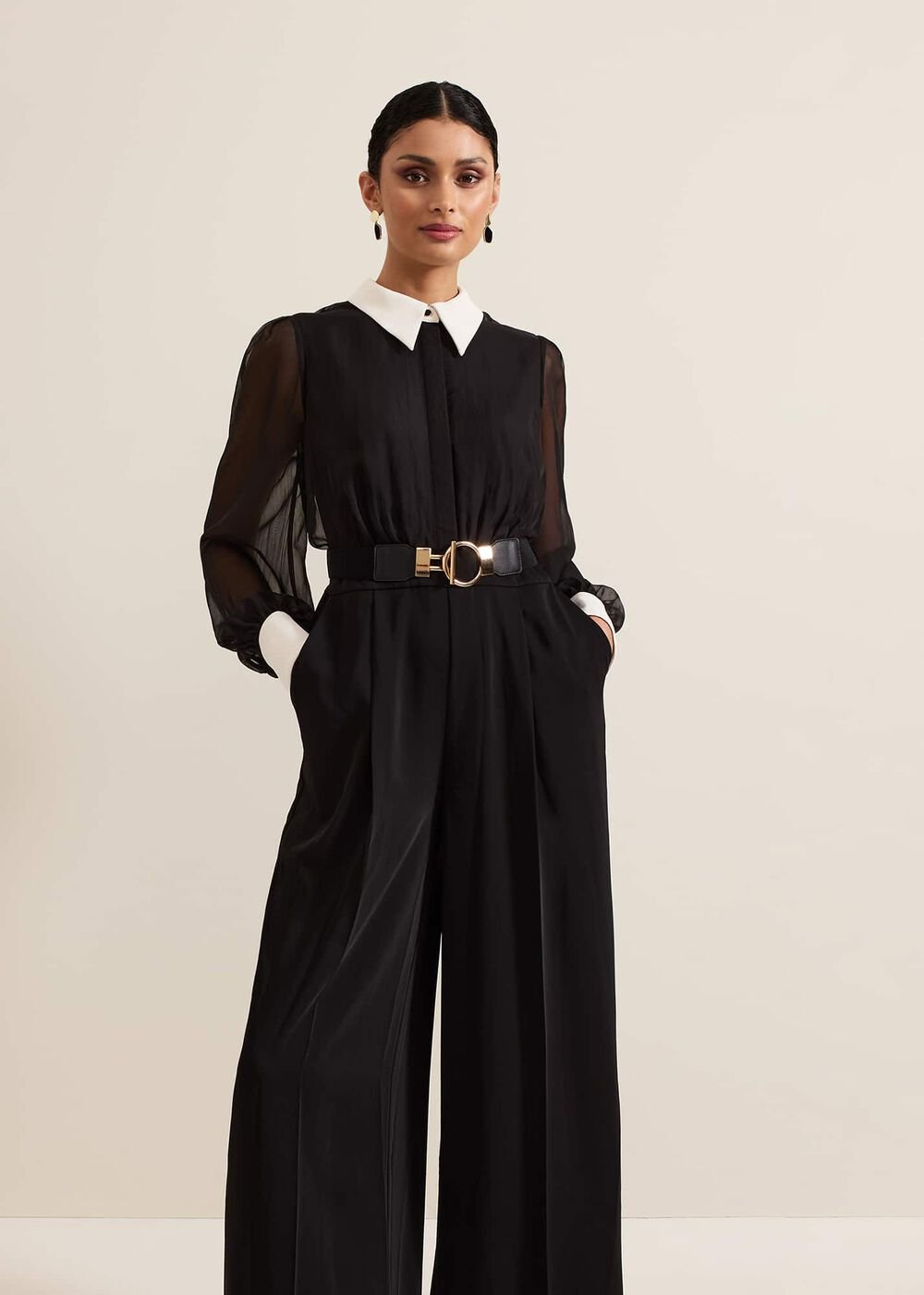 Nerissa Collar Shirt Jumpsuit - Black