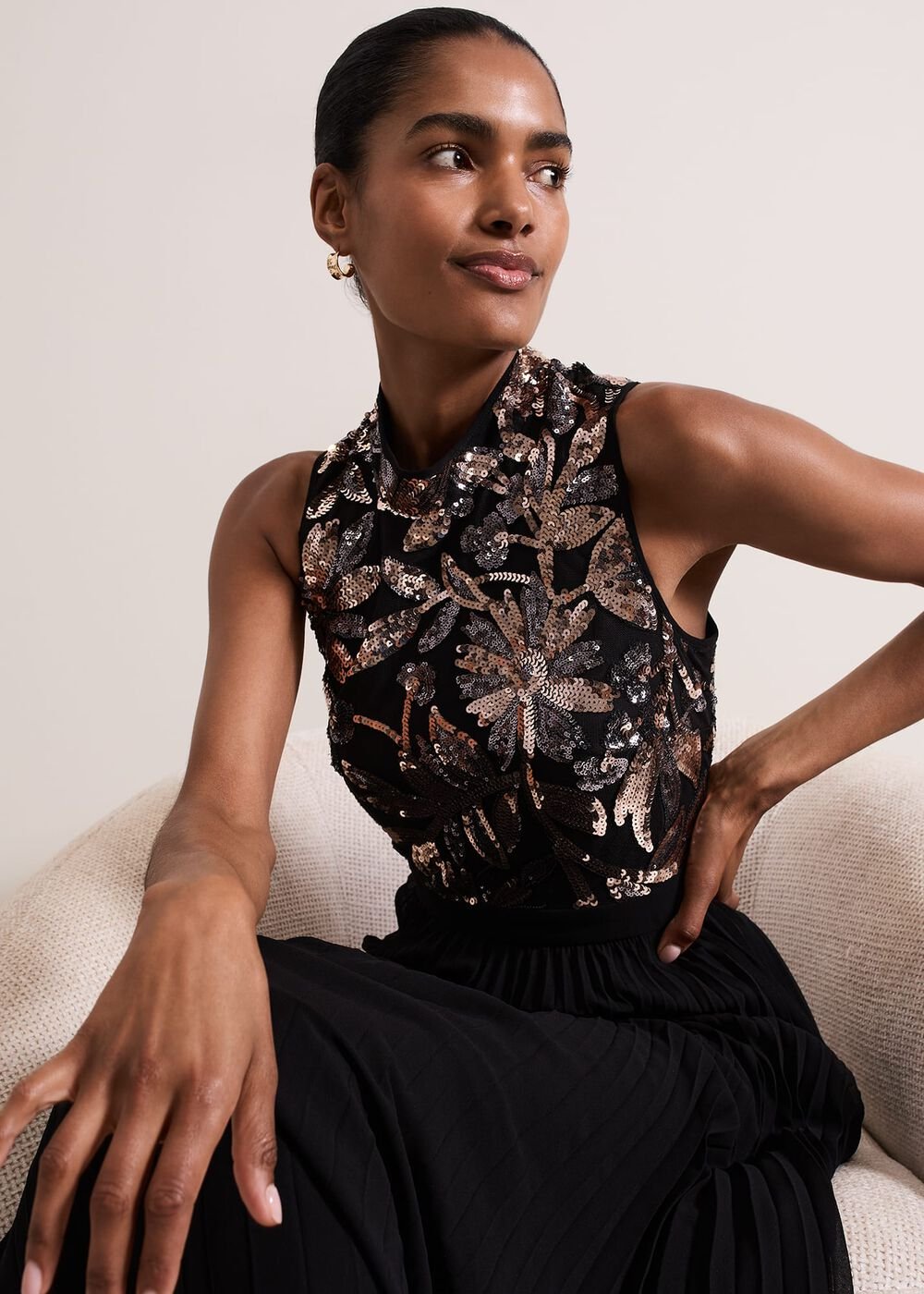 Emalise Sequin Pleat Maxi Dress - Black/Multi