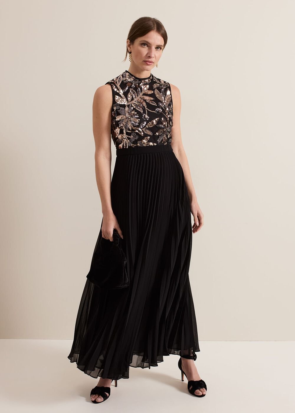 Petite Emalise Sequin Pleat Maxi Dress - Black Multi