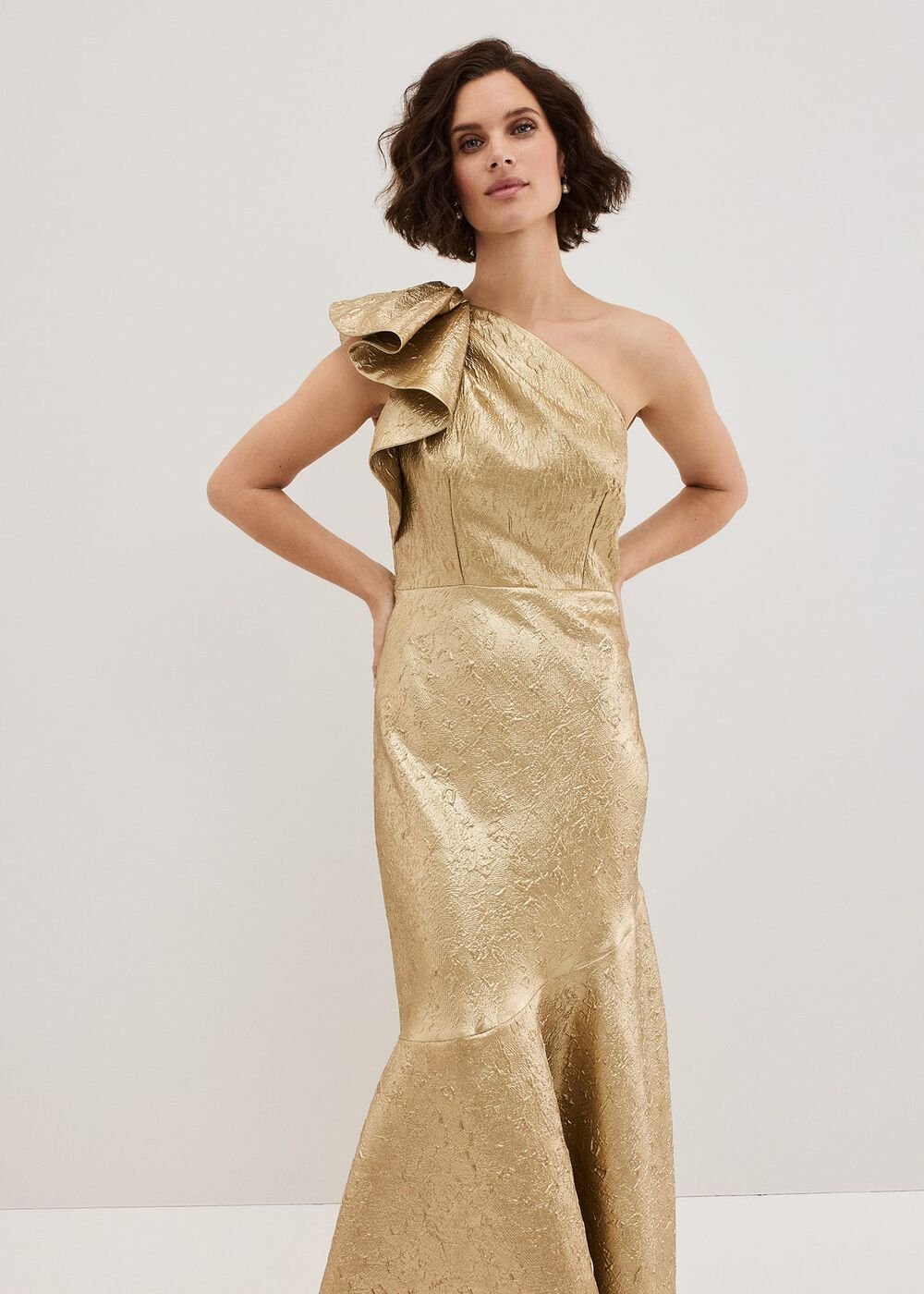 Deniz One Shoulder Jacquard Maxi Dress - Gold