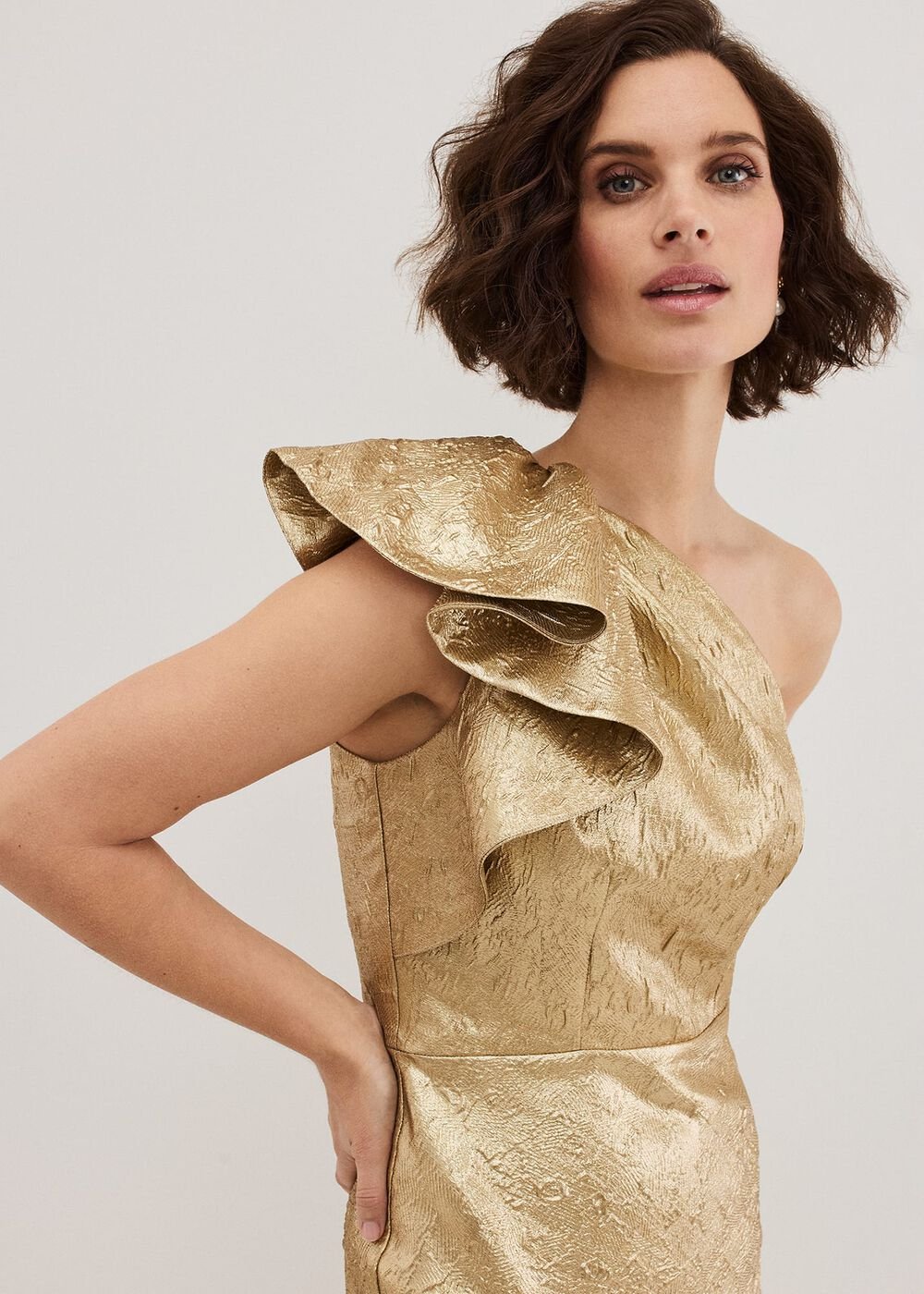 Deniz One Shoulder Jacquard Maxi Dress - Gold