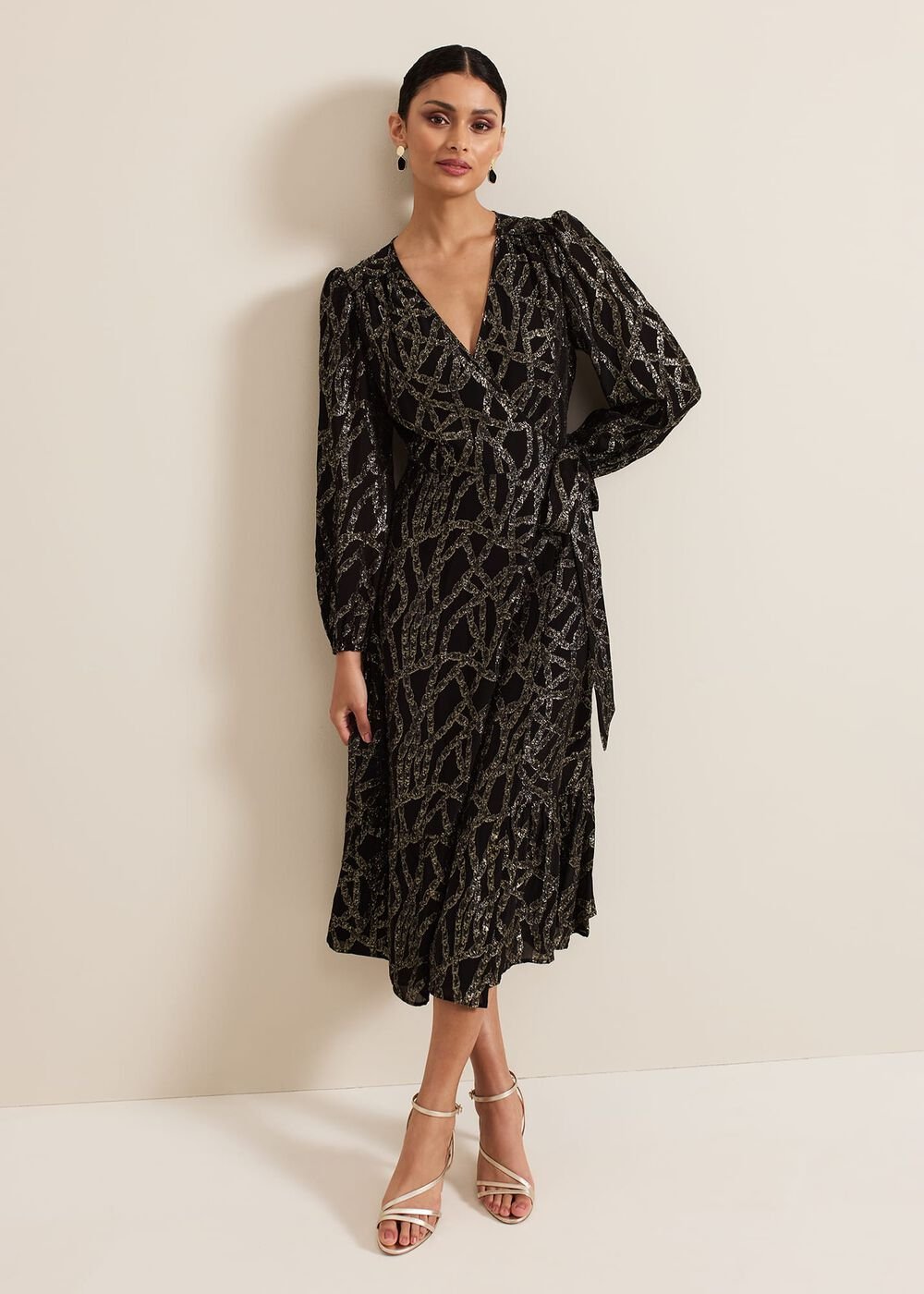 Jazminda Shimmer Wrap Midi Dress - Black/Multi