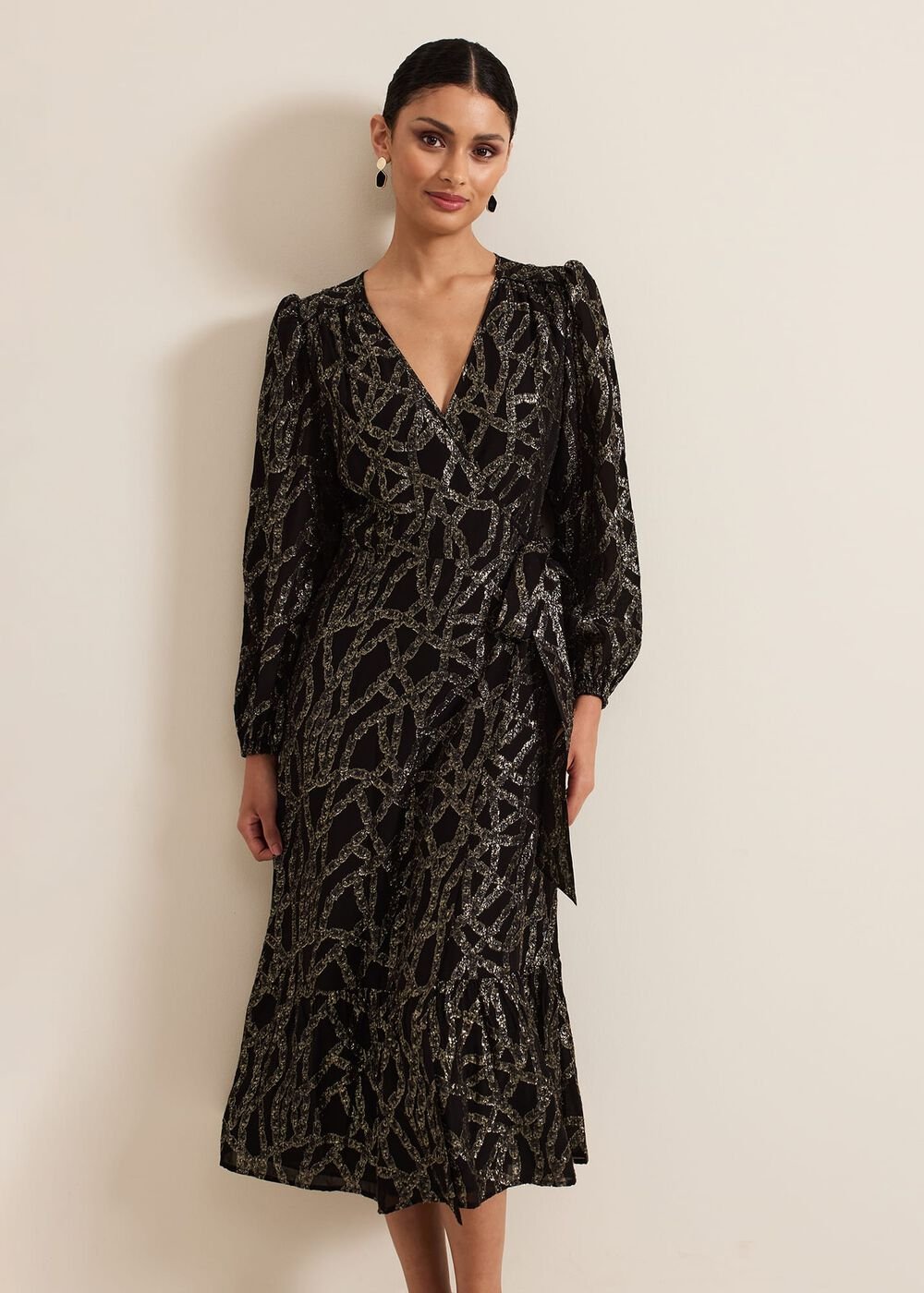 Jazminda Shimmer Wrap Midi Dress - Black/Multi