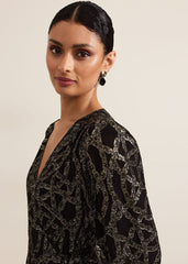Jazminda Shimmer Wrap Midi Dress - Black/Multi