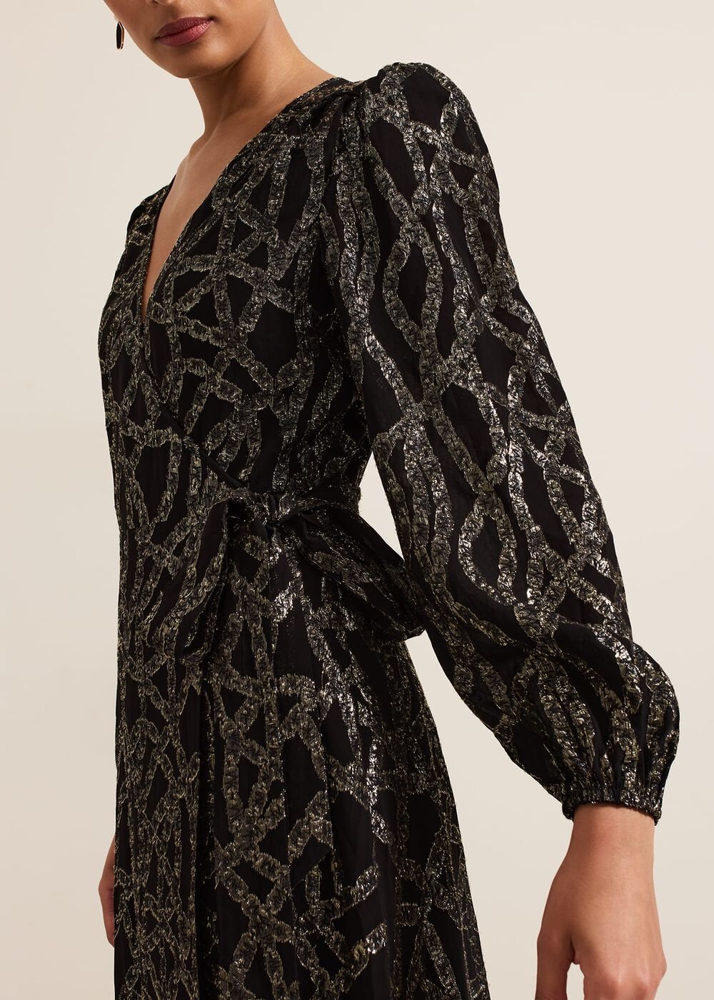Jazminda Shimmer Wrap Midi Dress - Black/Multi
