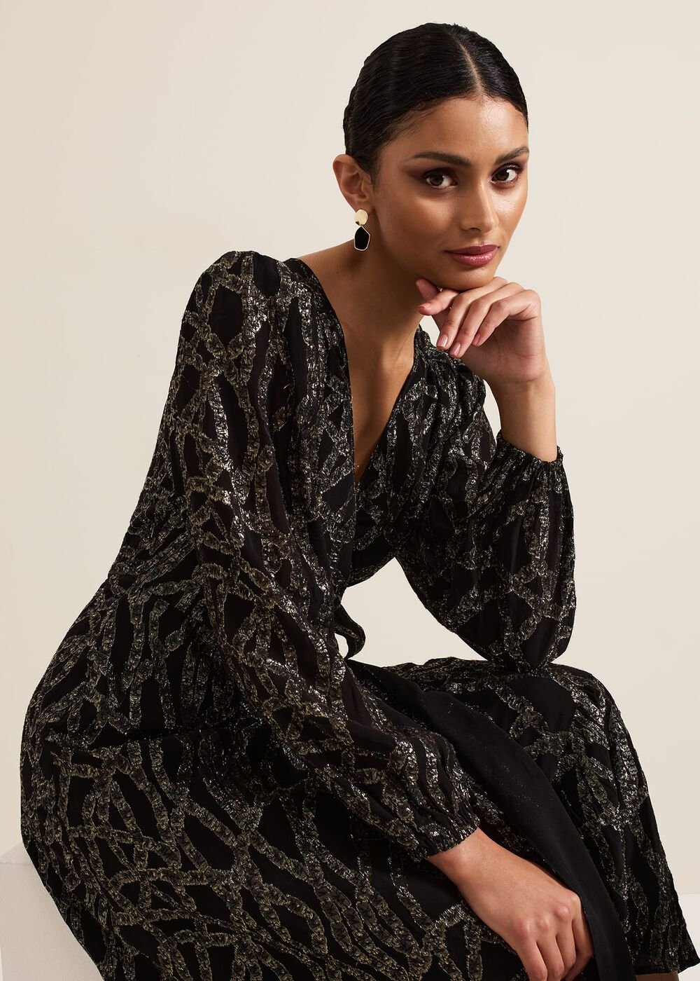 Jazminda Shimmer Wrap Midi Dress - Black/Multi
