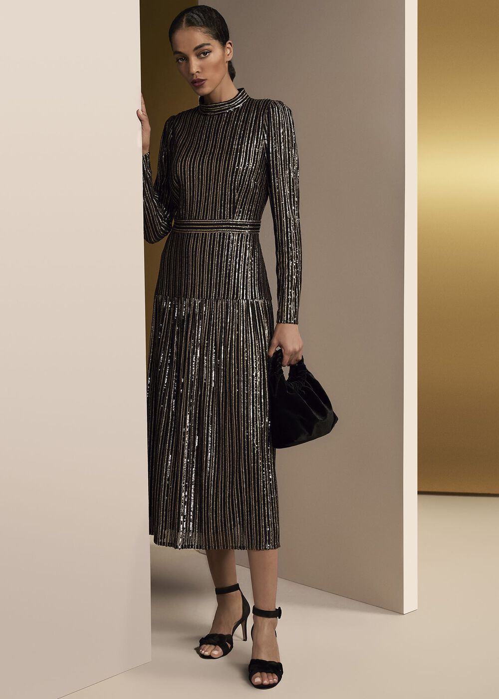 Gloria Sequin Stripe Midi Dress - Black/Multi