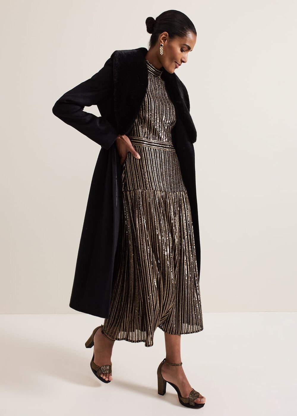 Gloria Sequin Stripe Midi Dress - Black/Multi