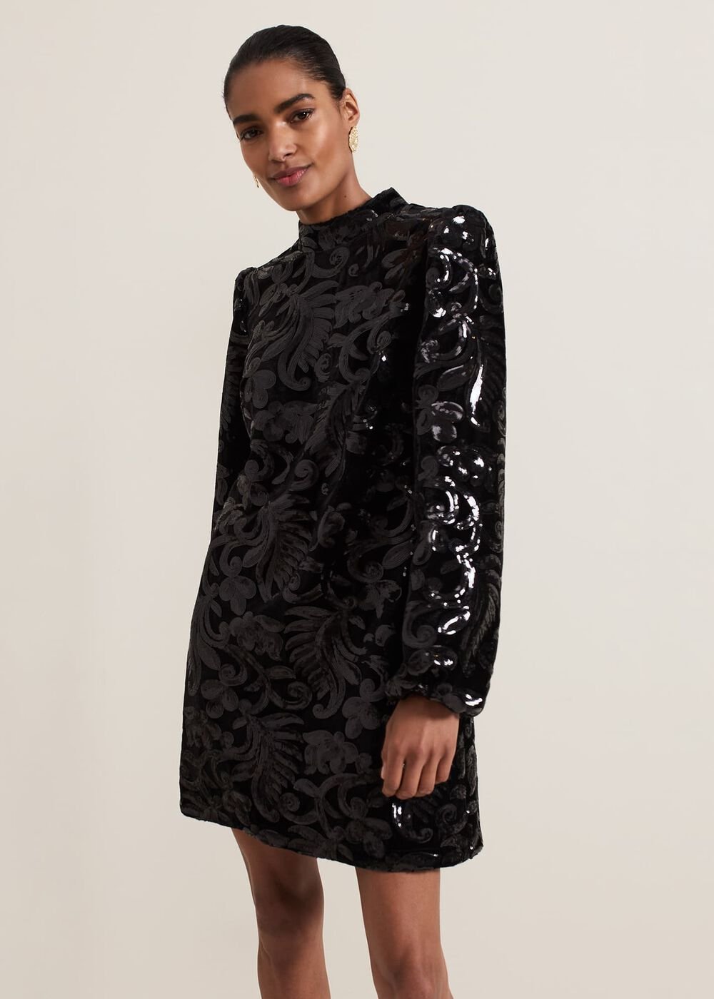 Trudy Black Sequin Velvet Shift Dress - Black