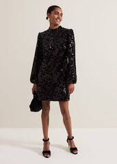 Trudy Black Sequin Velvet Shift Dress - Black