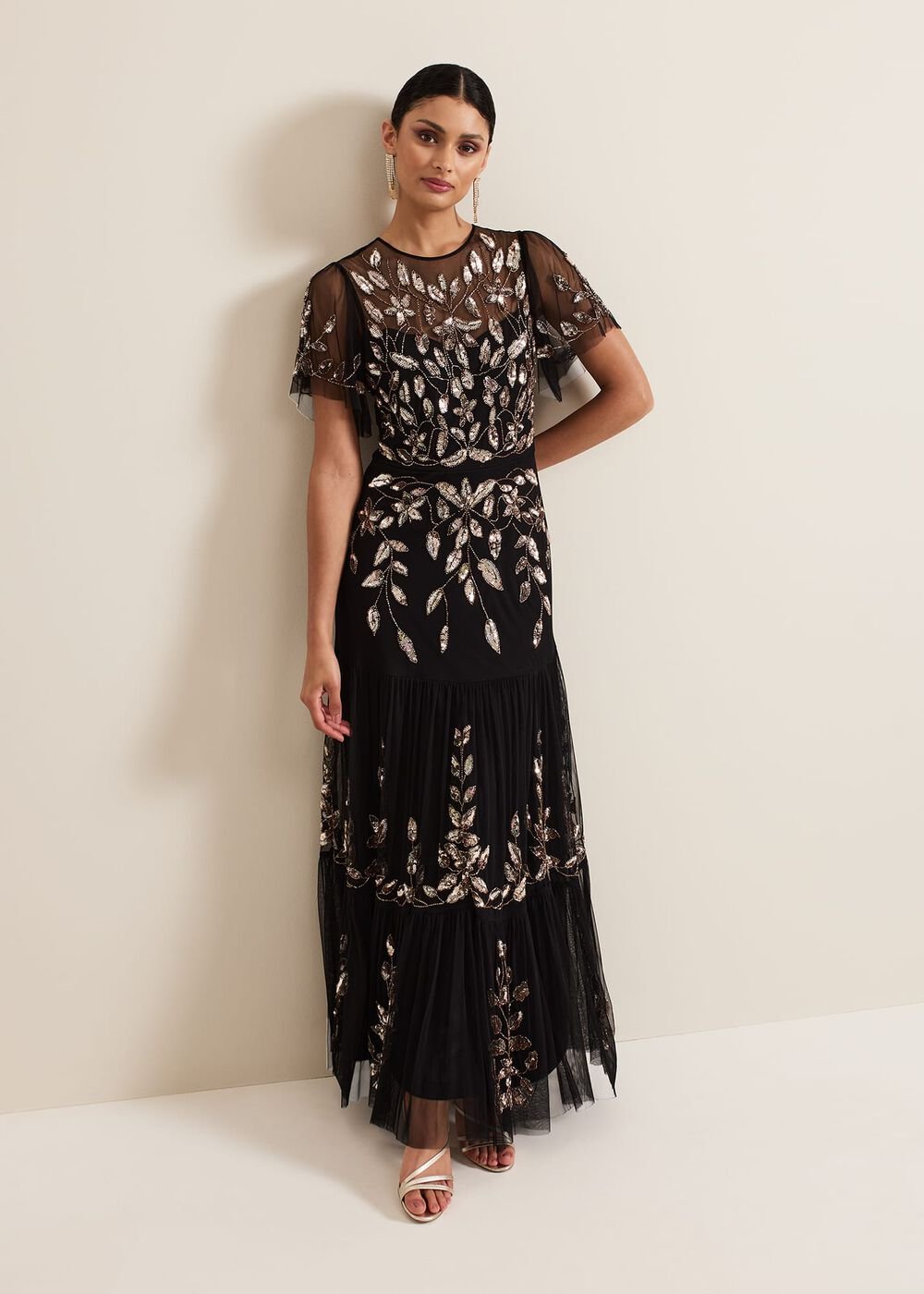 Hilary Black Embellished Midi Dress - Black