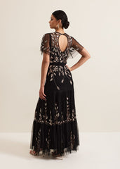 Hilary Black Embellished Midi Dress - Black