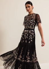 Hilary Black Embellished Midi Dress - Black