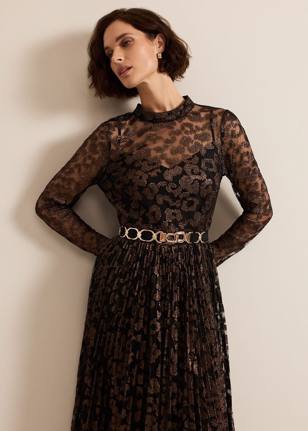 Theodora Leopard Pleat Midi Dress - Multi-Coloured