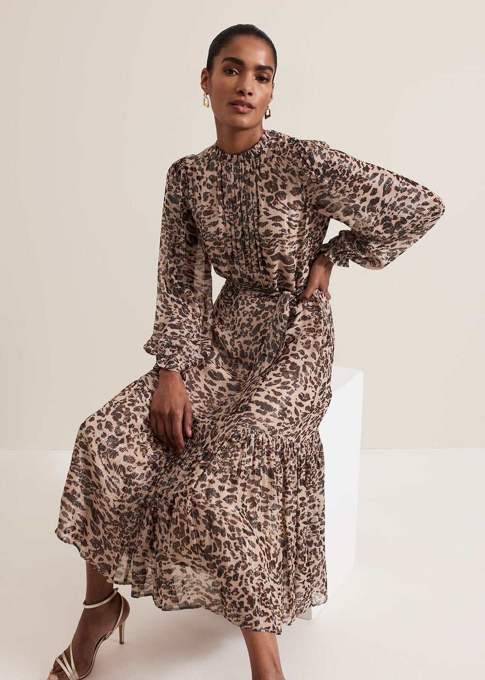 Eve Leopard Print Shimmer Midi Dress - Multi-Coloured