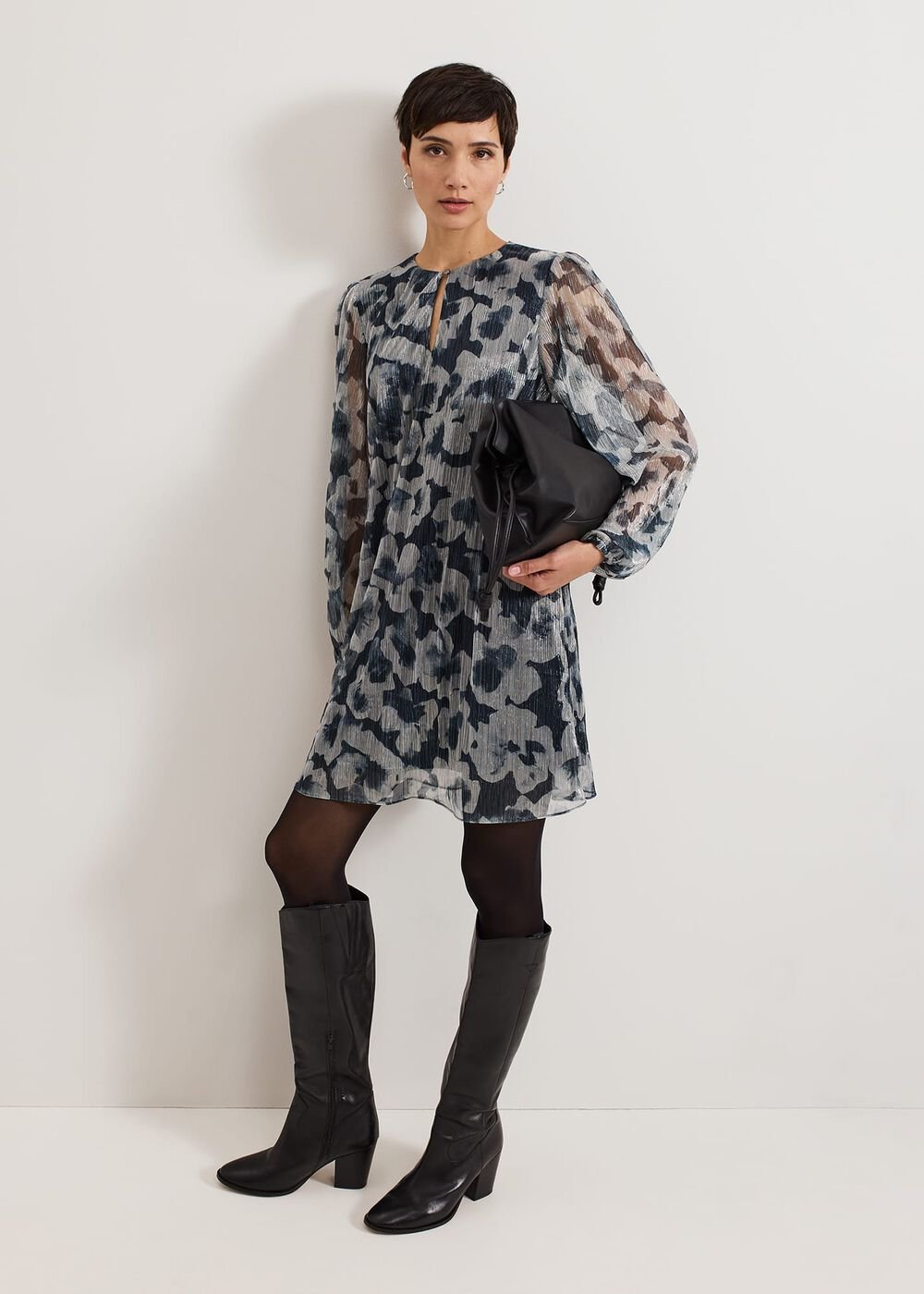 Roma Grey Floral Plisse Midi Dress - Grey