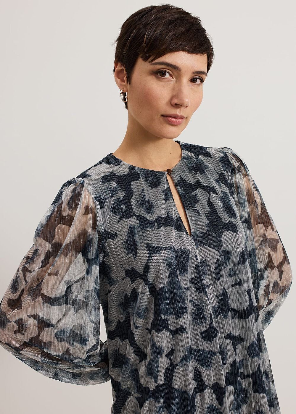 Roma Grey Floral Plisse Midi Dress - Grey