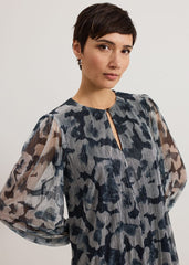 Roma Grey Floral Plisse Midi Dress - Grey