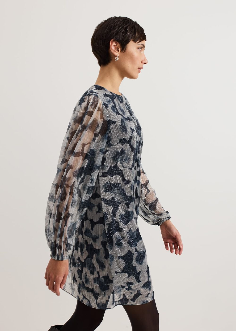 Roma Grey Floral Plisse Midi Dress - Grey