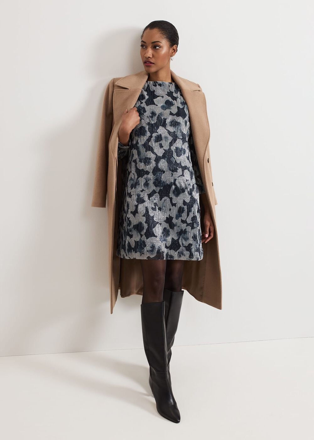 Roma Grey Floral Plisse Midi Dress - Grey