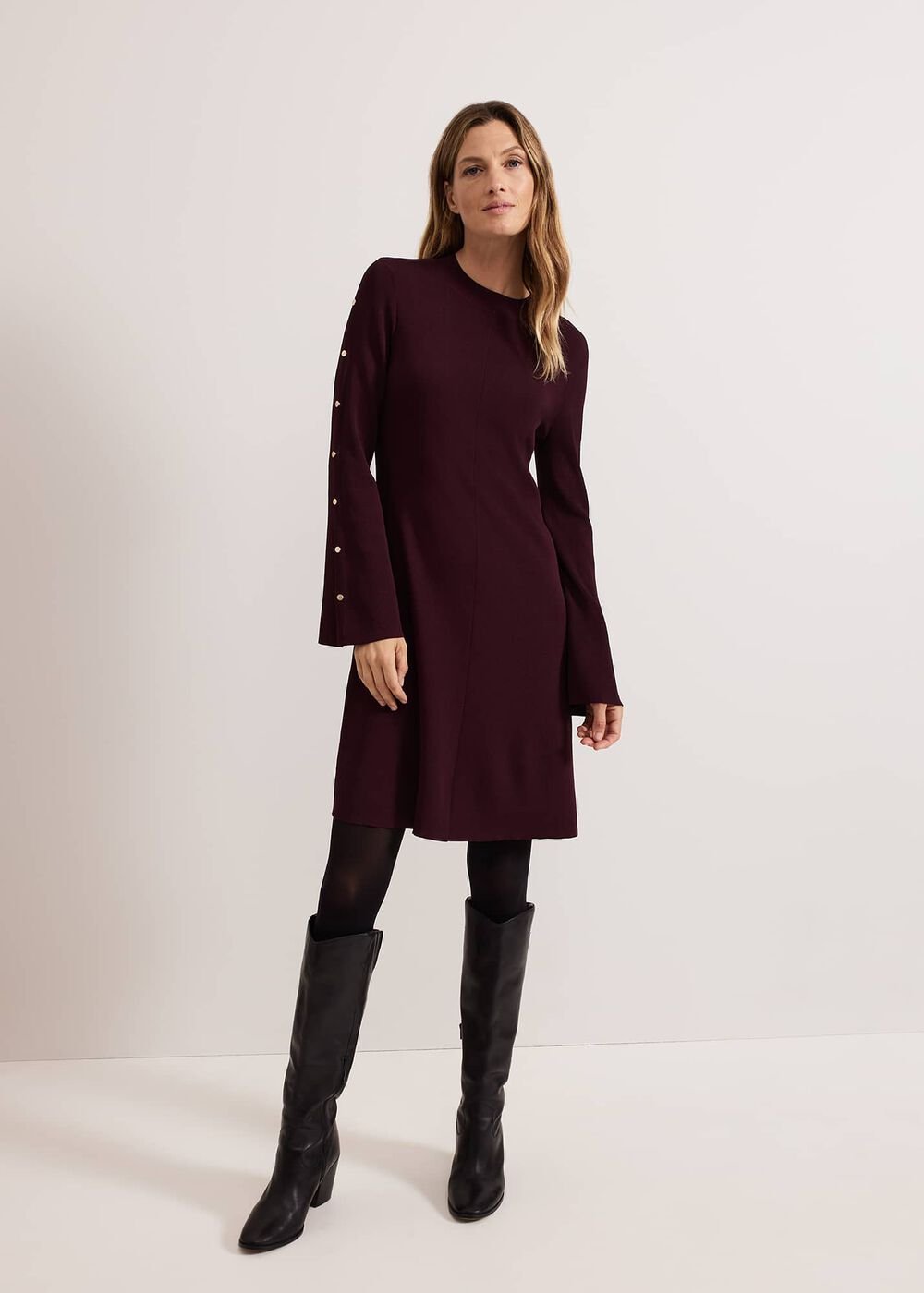 Romy Studd Sleeve Knit Shift Dress - Burgundy