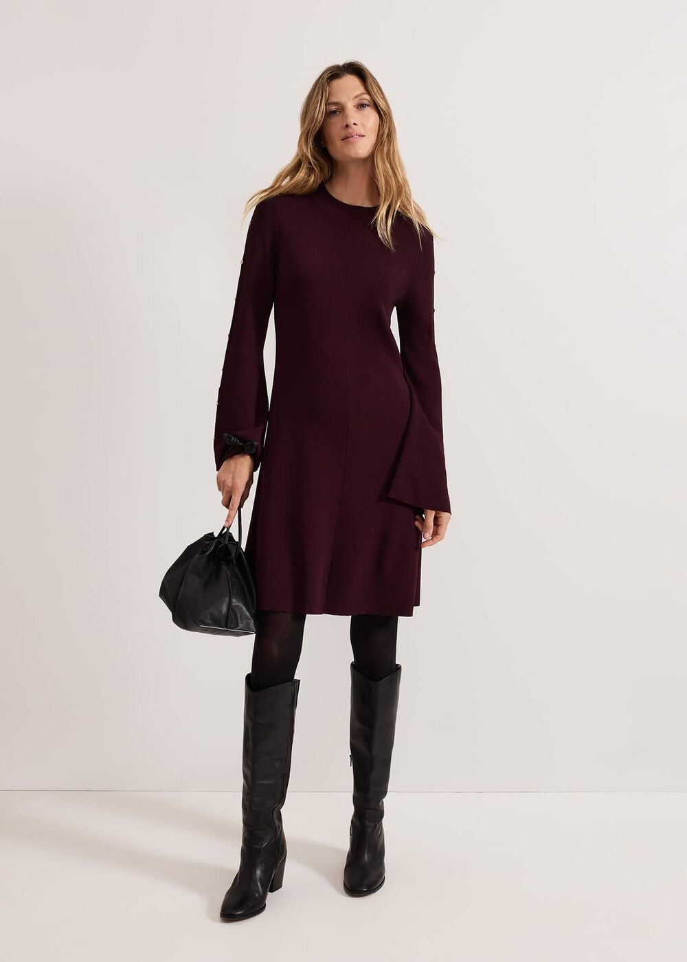 Romy Studd Sleeve Knit Shift Dress - Burgundy