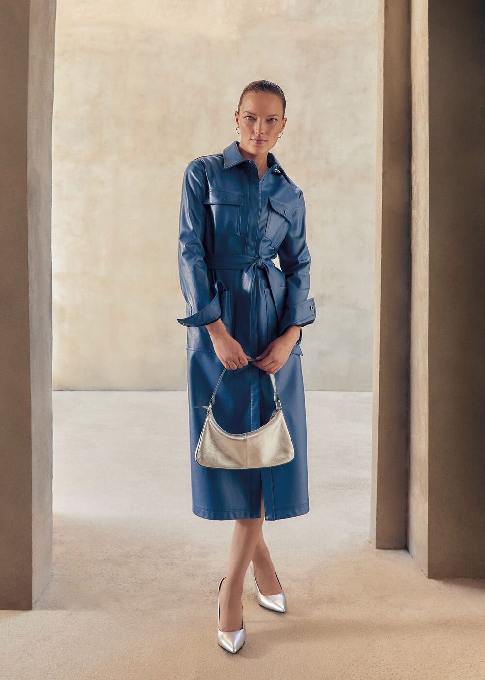 Dila Blue Faux Leather Midi Dress - Blue