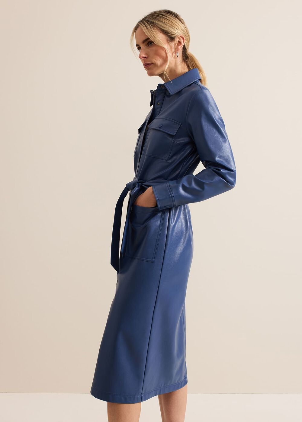 Dila Blue Faux Leather Midi Dress - Blue